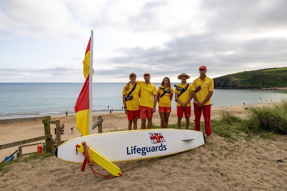 Harry, Hayden, Martha, Barney and Kieran. Lifeguards from Praa Sands, Cornwall, South West.