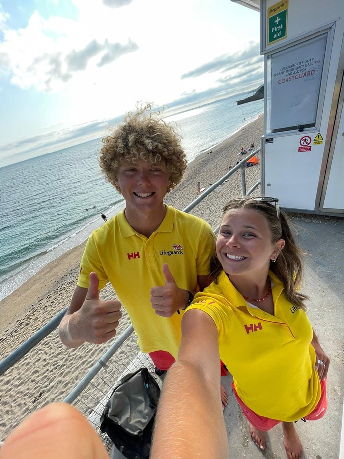 Danny and Dora. Lifeguards from Porthleven, Cornwall, South West